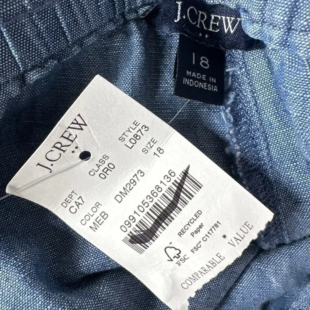 J. Crew Pants Chambray Drawstring Waist Tapered Cotton Med Echo Blue Wash NWT 18